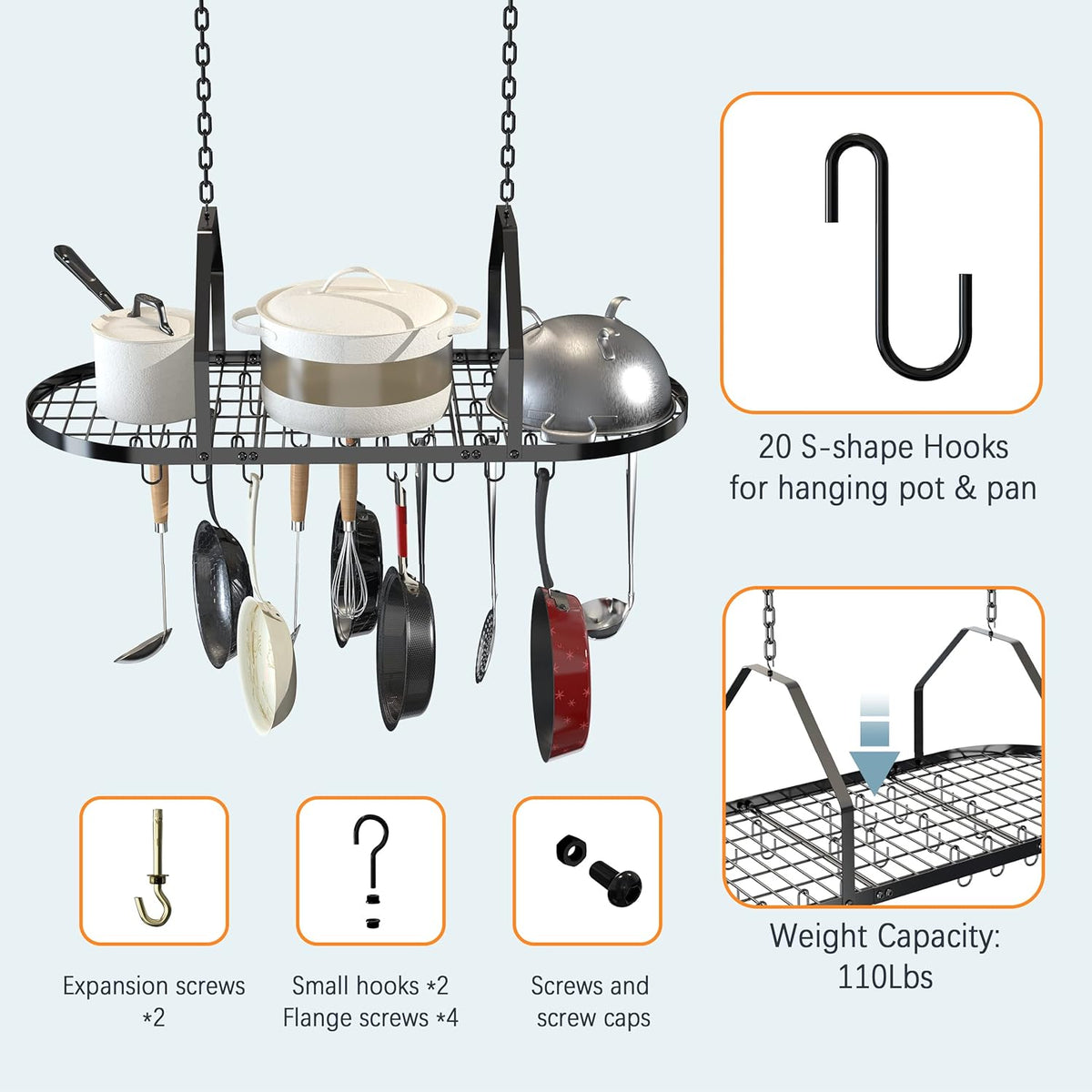 Ceiling Pot and Pan Rack, Kitchen Pot Organizer Storage Rack, Multi-Purpose Organizer for Home, Restaurant, and Kitchen Cookware with 20 Removable Hooks (Black)