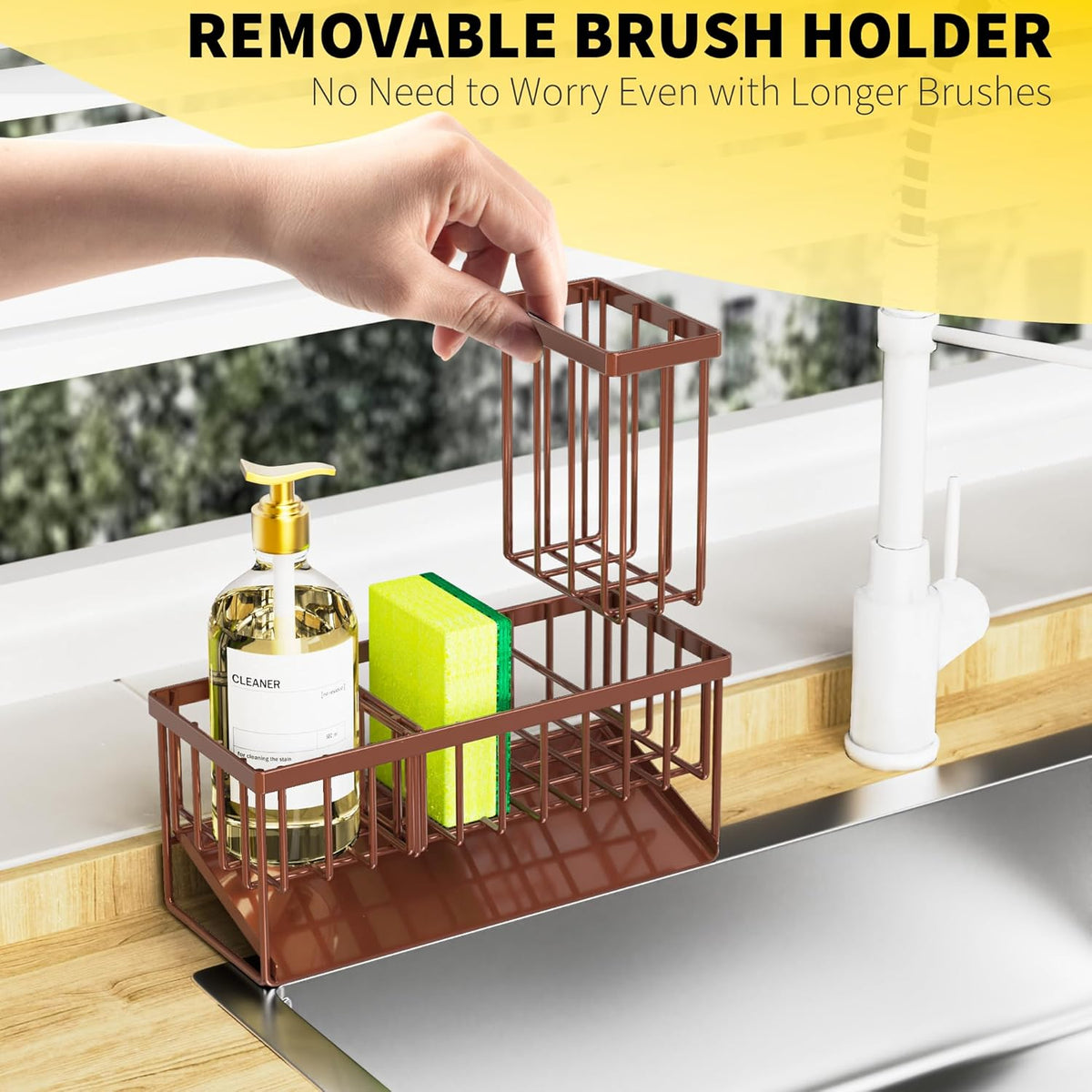 Cisily Kitchen Sink Caddy, Sponge Holder for Kitchen Sink, Kitchen Sink Organzier and Storage with High Brush Holder, Rustproof 304 Stainless Kitchen Gadgets Sink Accessories(Brown)
