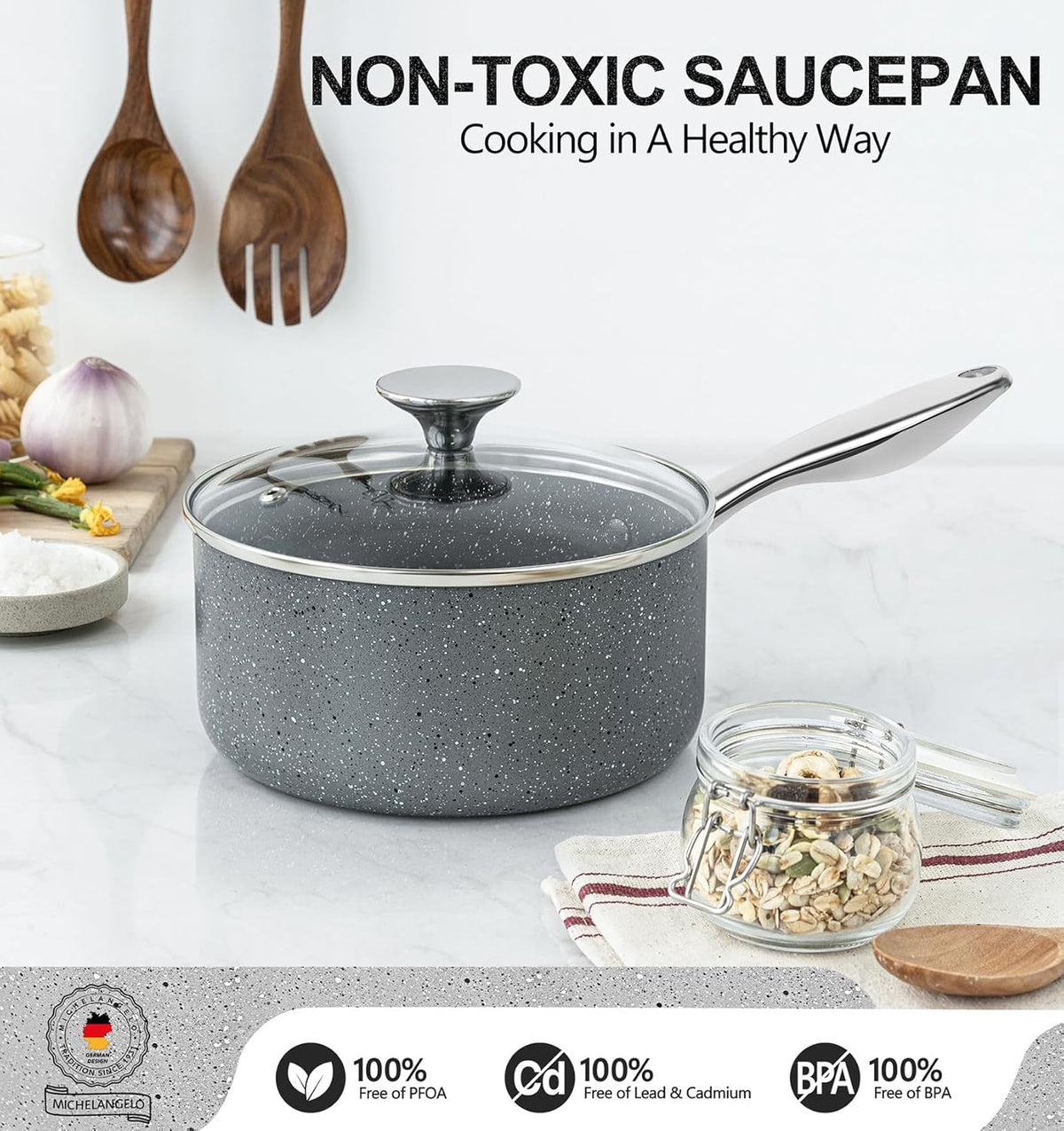 MICHELANGELO Sauce Pan with Lid, Granite Saucepans with Lids, 1Qt & 2Qt & 3Qt Sauce Pan Sets, Nonstick Saucepan Set with Stainless Steel Handle, Oven Safe, Grey