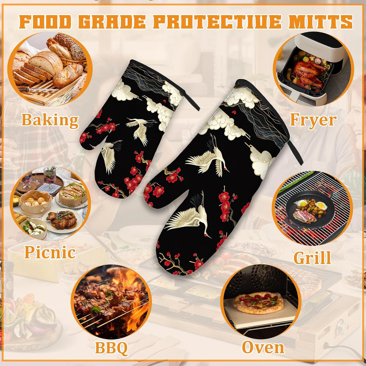 Japanese Crane Oven Mitts and Pot Holders Set,Cherry Blossom Kitchen Decor Heat Resistant Non Slip Hot Pads and Oven Mitt for Chef Cooking Baking BBQ Mom Girl Gifts(4 Piece Set)