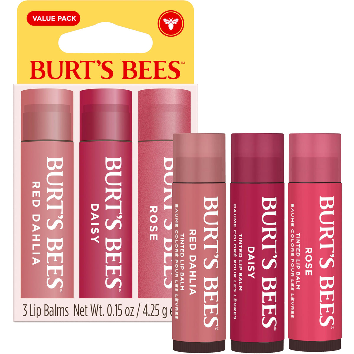 Burts Bees Tinted Lip Balm Value Pack, Includes Red Dahlia, Daisy and Rose, 8 Hour Moisture, Provides a Hint of Color, Nourishing Shea Butter, 100 Percent Natural Origin, 0.15 oz., Three Tubes