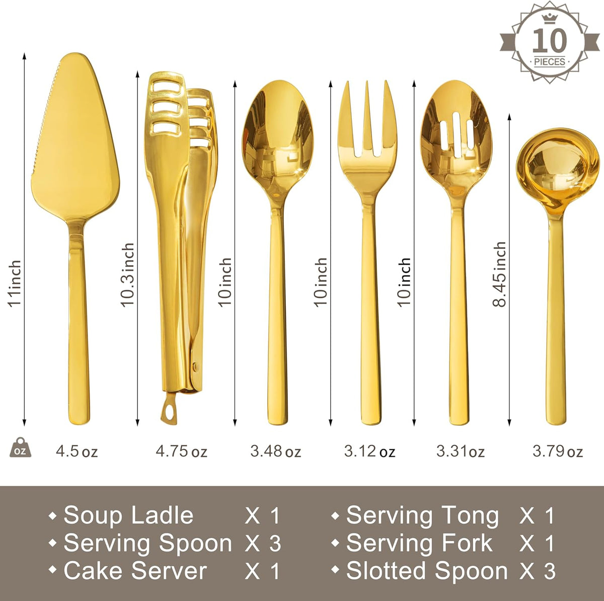 KINGSTONE Large Hostess Serving Utensils Set, Heavy Duty 18/10 Stainless Steel - 10 inch Serving Spoons, Slotted Spoons, Forks, Tongs, Cake Pie Server for Buffet, Wedding, Party, Gold