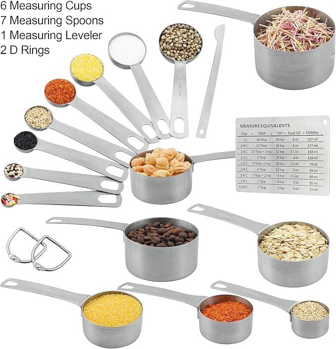 Measuring Cups and Spoons Set, Stainless Steel Measuring Cups Spoons Complete Set of 19pcs Professional Measurer Scoops Ingredients Liquid or Dry Heavy Duty Solid Measurment Cup