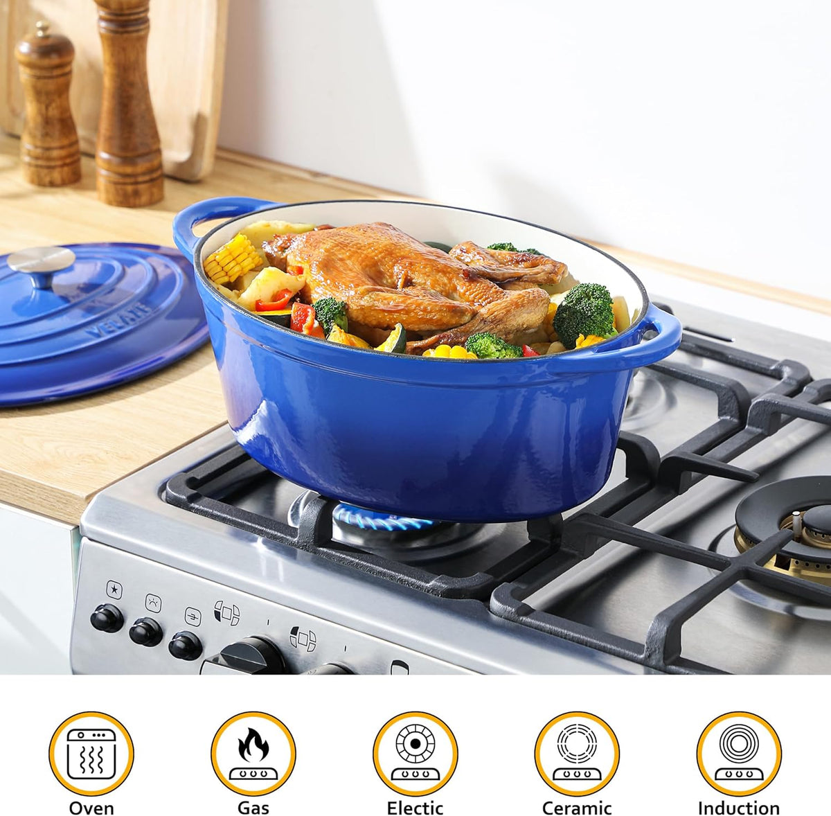 Velaze 7.5 QT Enameled Oval Dutch Oven Pot with Lid, Cast Iron Dutch Oven with Dual Handles for Bread Baking, Cooking, Frying, Non-stick Enamel Coated Cookware（Blue)