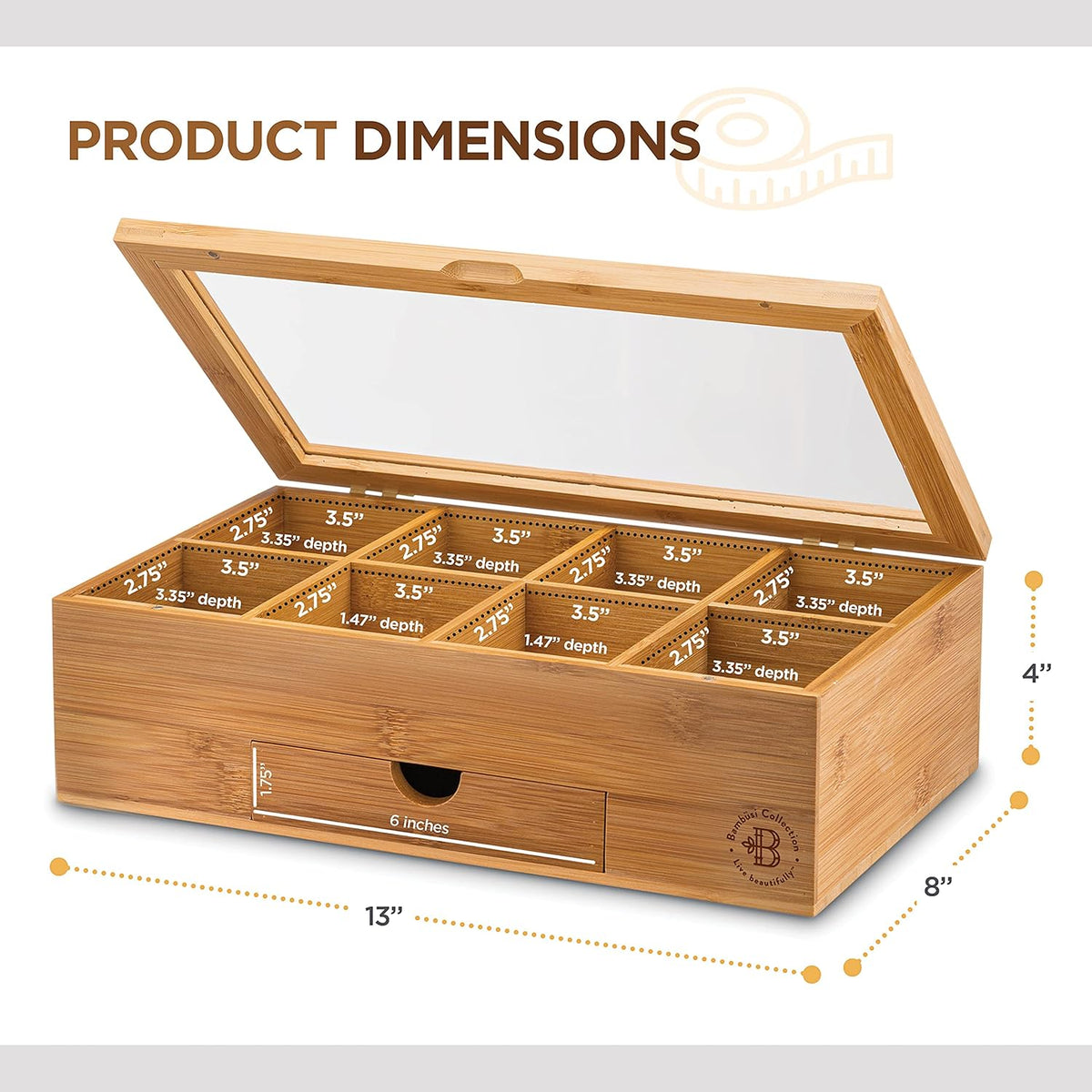Bambüsi Personalized Tea Organizer - Engraved Bamboo Tea Box, 8 Compartments, Acrylic Window, Magnetic Lid - Unique Gift for Tea Enthusiasts