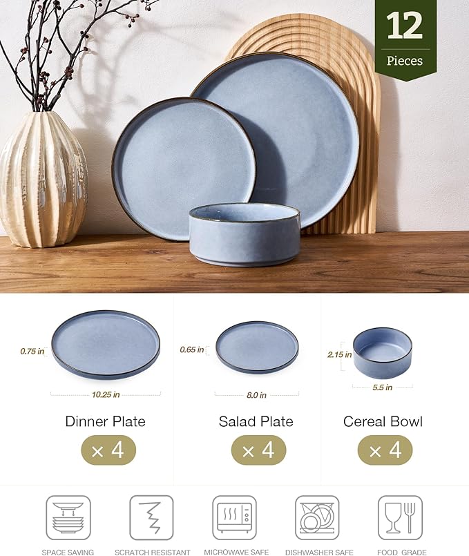 Famiware Annecy Plates and Bowls Sets, 12 Pieces Dinnerware Sets, Microwave and Dishwasher Safe Dishes Set for 4, Chip and Scratch Resistant, Reactive Blue