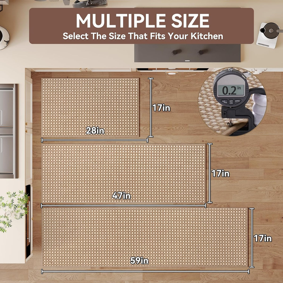 Kitchen Mat Kitchen Rugs Sets of 2 PCS Non Slip Washable, Super Absorbent Soft Braided Kitchen Mats for Floor, Rubber Backing Comfort Standing Kitchen Sink Mat Runner Rug, Brown 17"x28"+17"x47"