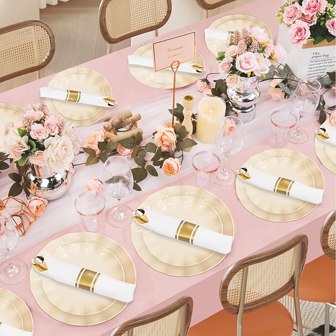 LIYH 50 Pcs Beige Plastic Plates Reusable Unbreakable Dinner Plates Scalloped Plastic Plates Dishwasher Safe Ivory Plate Sets Perfect for Parties Birthday Picnics BPA Free (25Guests)