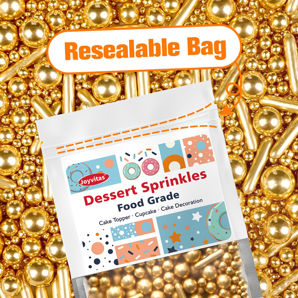 Gold Pearl Rods Sprinkles for Cake Decorating, Edible Sugar Pearls Rods Candy, 150g/5.29oz, Mix Size Cake Topper Donuts Cupcake Cookie Dessert Decorations, Holiday, Wedding Party, Easter Supplies