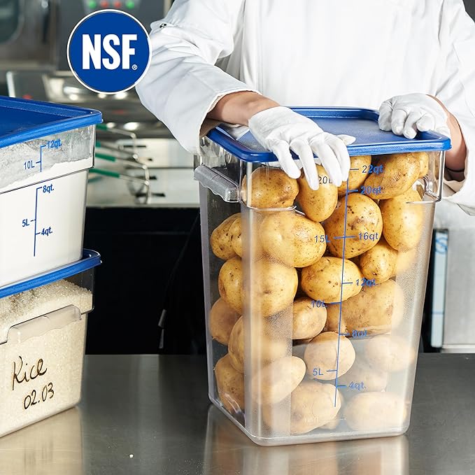 CURTA 4 Pack Food Storage Containers with Blue Lids - NSF Listed Commercial Grade in 22.0 Qt - Square, Clear, Polycarbonate