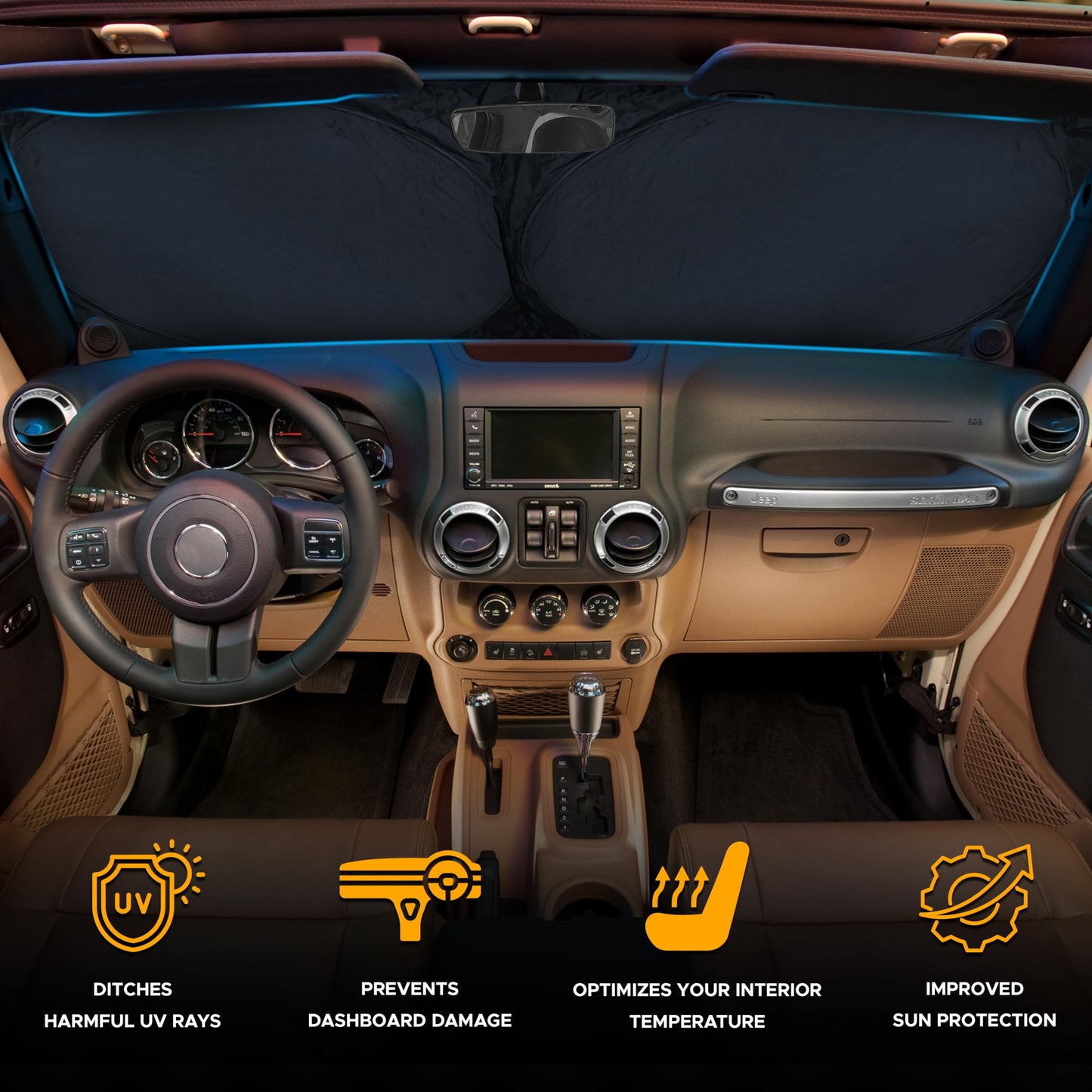 EcoNour Jeep Windshield Sun Shade, Foldable UV Sun Shield, Jeep Accessories