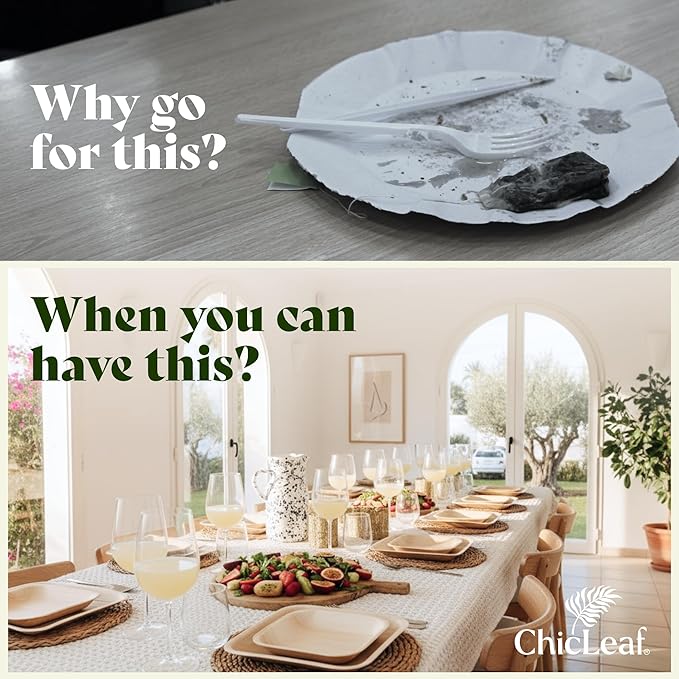 Chic Leaf Palm Leaf Compostable Plates - 6" Square, Pack of 50 - Disposable Dinnerware - Rustic Bamboo Appetizer Plates - Charcuterie Boards & Biodegradable Serviceware