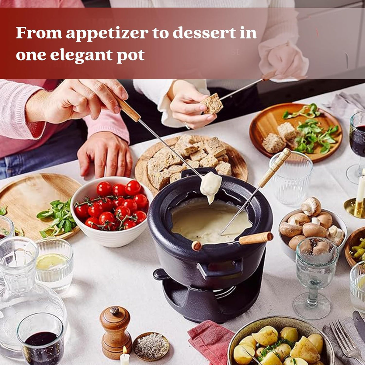 Alva Nori Cast Iron 2-Qt Fondue Pot Set – Made With No PTFE/PFOA/PFAS, Oven Safe – Works on Induction – 3-Layer Enamel, Easy to Clean, No Seasoning Needed – Includes 8 Forks, Burner & Stand