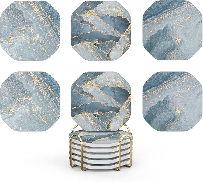 UMIRRO Ceramic Stone Coasters for Drinks Absorbent with Holder for Wooden Coffee Table, Stoneware Cup Coasters for Iced Cold or Hot Drinks, Navy Blue Marble Style, Gold, 4" Set of 6
