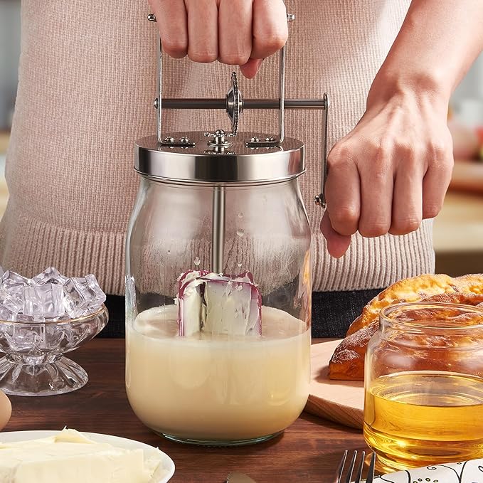 Butter Churn - Wooden Handle Shakes Stainless Steel Gear Manual Butter Maker, Butter Churner Hand Crank Mason Jar, Baking of Top Gadgets Butter Maker Cream Mixer (51oz)