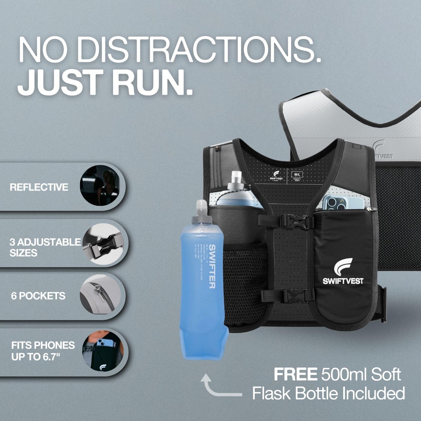 SWIFTVEST Running Vest for Women & Men with Water Bottle | Lightweight Hydration Vest | Reflective Running Gear | Adjustable Fit | 6 Pockets | Phone Holder for Runners