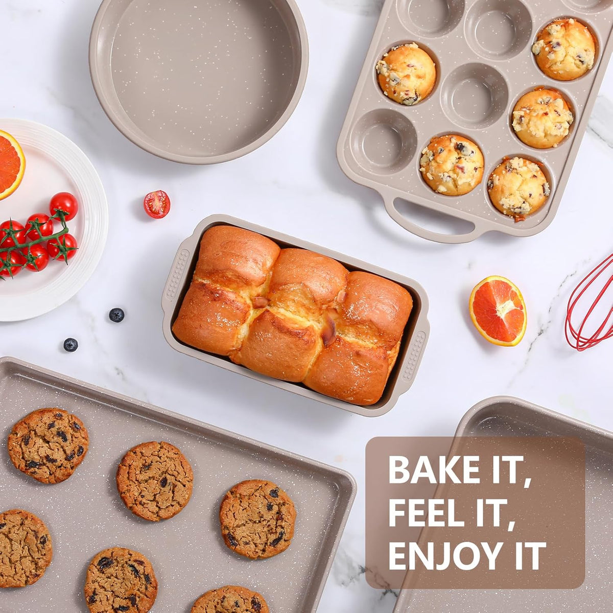 Vinino 6-Piece Baking Pans Set Nonstick, Bakeware Set includes Silicone Muffin, Loaf, Cake Pans with Metal Reinforced Frame. And includes Carbon Steel Roasting Pan, Cookie Sheet for Oven