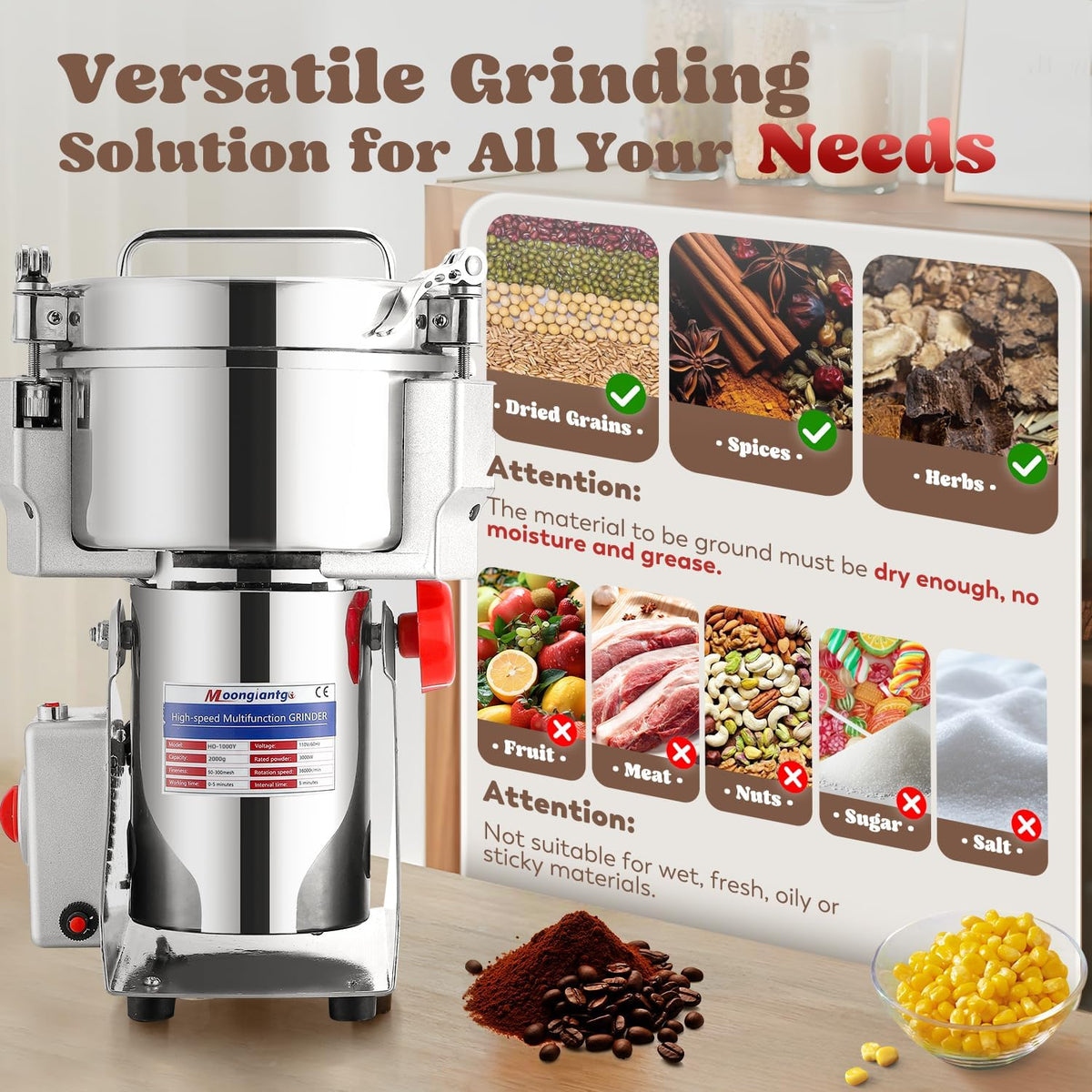 Moongiantgo 2000g Grain Mill Grinder Commercial Spice Grinder 3000W Stainless Steel Electric Pulverizer Dry Grinding Machine for Wheat Corn Rice Pepper Herbs Coffee Beans (2000g Swing, 110V)