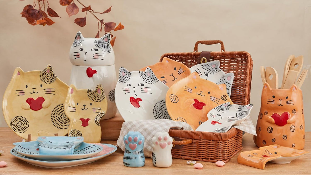 Bico Cartoon Cat Handpainted Stoneware Orange 7.8 inch Utensil Holder, Dishwasher Safe