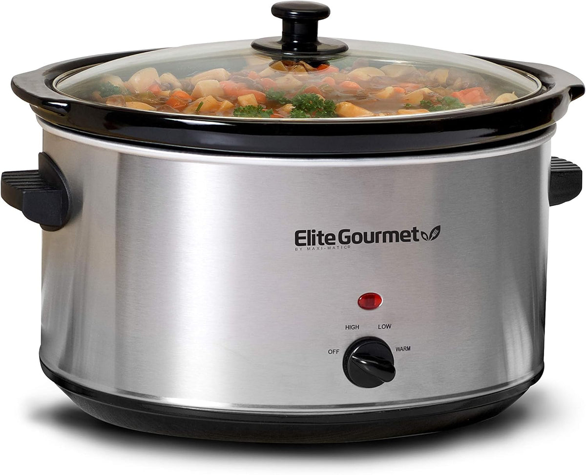 Elite Gourmet Stainless Steel Slow Cooker, Dishwasher-Safe with Tempered Glass Lid, Cool-Touch Handles, Removable Stoneware Pot, 8.5 Quart,MST-900V