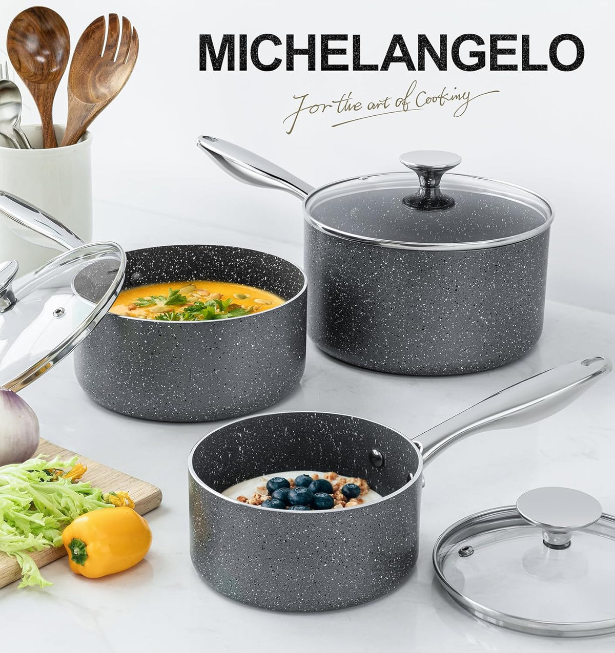 MICHELANGELO Sauce Pans with Lids, Granite Saucepan Set of 3, 1.5Qt & 2Qt & 3Qt Nonstick Small Pots with Non-Toxic Coating, All Cooktops Compatible