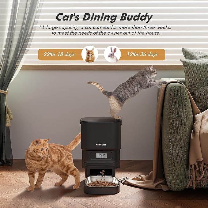 Automatic Cat Feeder - Nityers 4L Timed Cat Dry Food Dispenser with Stainless Steel Bowl,1-6 Meals Per Day, Programmable Portion Size, Detachable Washable, Auto Pet Feeder for Cats and Small Dogs