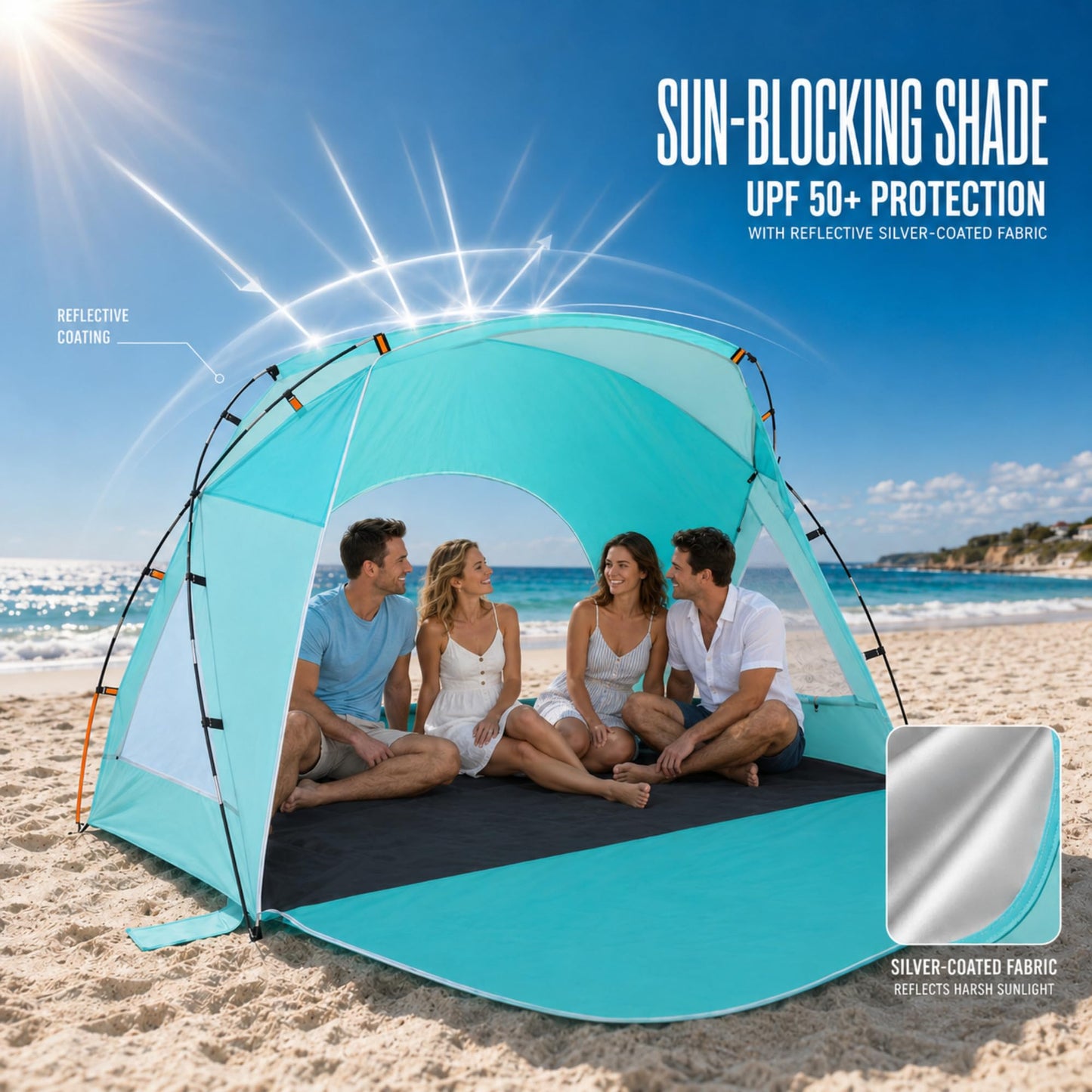 Beach Tent, Portable Sun Shelter for 2/3/4/6-8 Person with UPF 50+ UV Protection, Easy Setup Waterproof Beach Shade Canopy Cabana for Family Outdoor and Picnics, Fishing with Carrying Bag