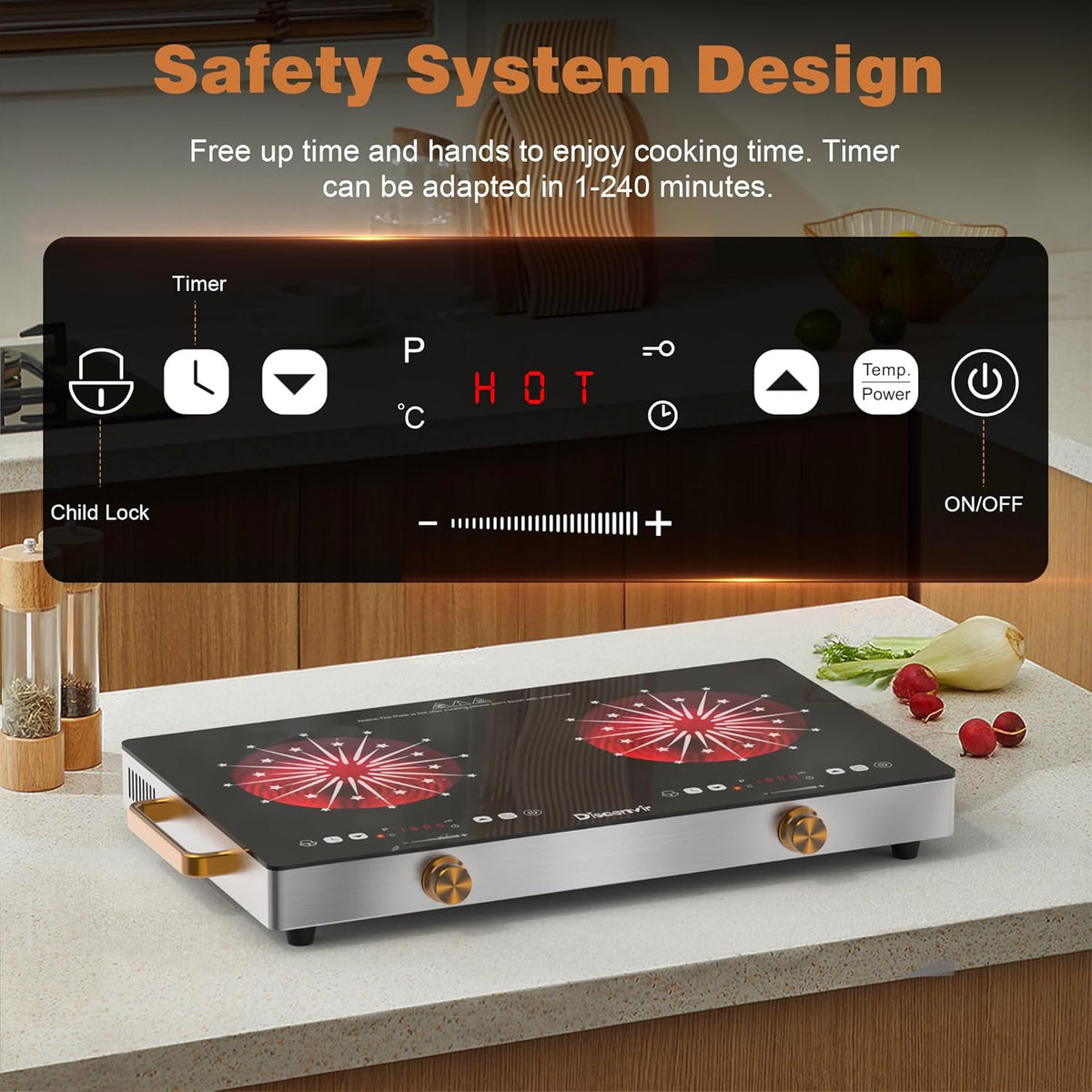 2 Burner Electric Cooktop 110V - 24 Inch Countertop Electric Stove with Handles 2000W, Two Burner Ceramic Burner with LCD Touch Screen and Knob Control, Timer, Safety Lock, 120V Plug in