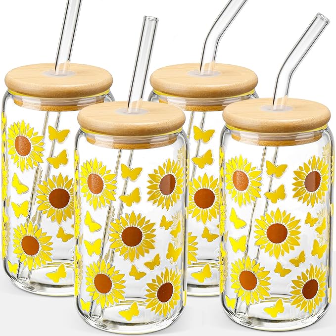 DWTS DANWEITESI Glass Cups with Lids and Straws with Design Sunflower 4 pcs,Clear Glass Cups 16 oz-Drinking Glasses Set,Glass Tumbler,Cute Design Glass Iced Coffee Cups with Lids and Straws