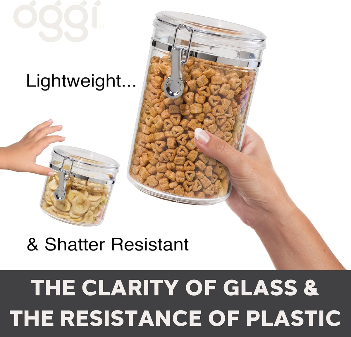 OGGI Tall Clear Canister with Clamp Lid, 58 oz - Large Airtight Food Storage Container, Ideal for Kitchen & Pantry Storage of Bulk, Dry Foods Including Pasta & Spaghetti, Plastic