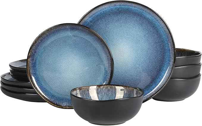 Gibson Elite Nardini 12 Piece (Service for 4) Plates and Bowls Reactive Glaze Dishes Stoneware Ceramic Dinnerware Set - Black and Blue