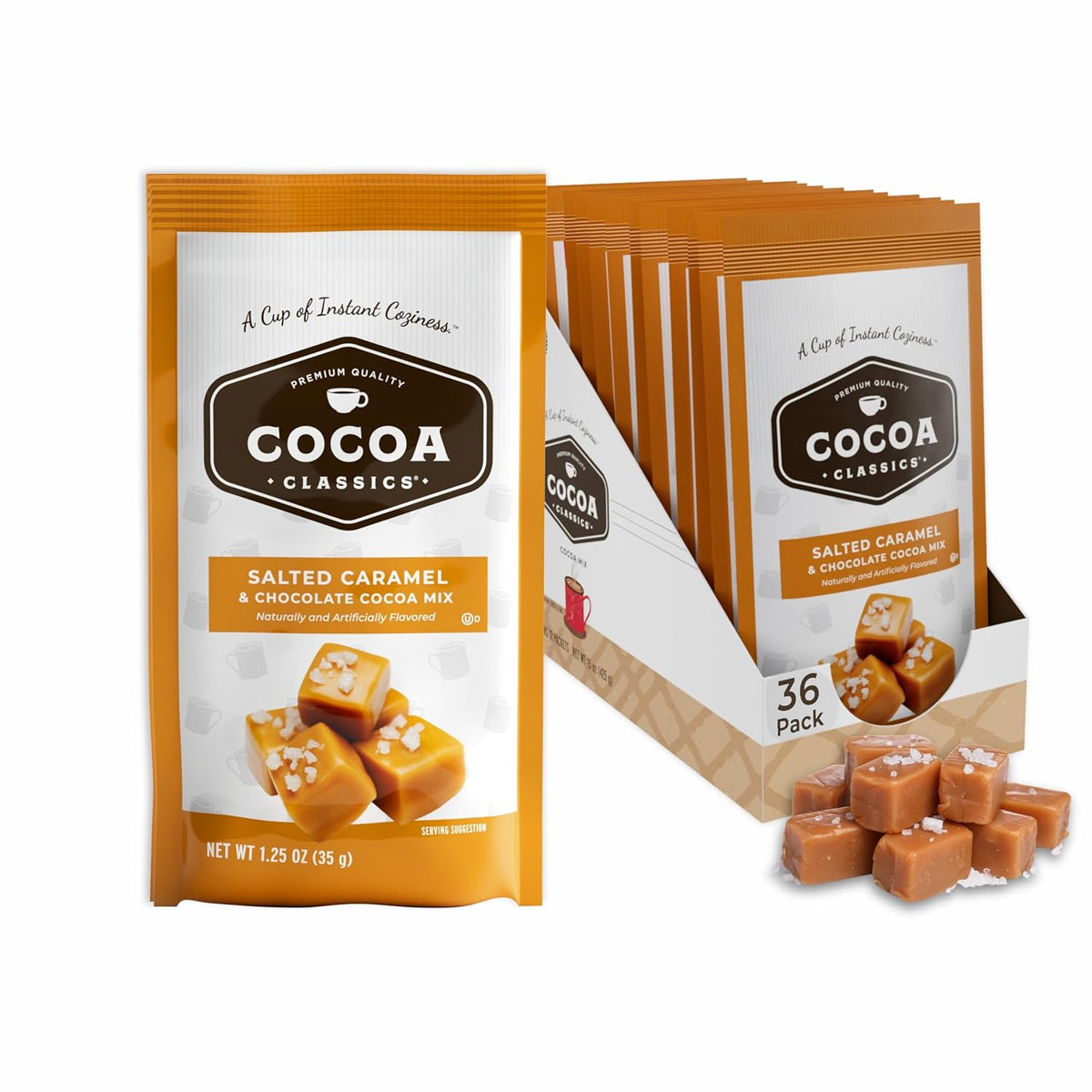 Cocoa Classics Salted Caramel Cocoa Mix, Hot Chocolate, Made with Nonfat Milk, Just Add Hot Water, Make Hot or Iced Cocoa, Gluten Free & Kosher Dairy Friendly, 1.25oz Packets (Pack of 36)