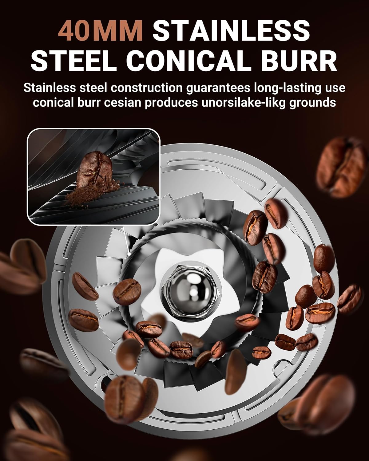AMZCHEF Coffee Grinder, Coffee Bean Grinder for Home Use with Precise Grinding, LED Control Panel, Detachable Funnel Stand, Anti-static Design, 45 Grind Settings, Silver