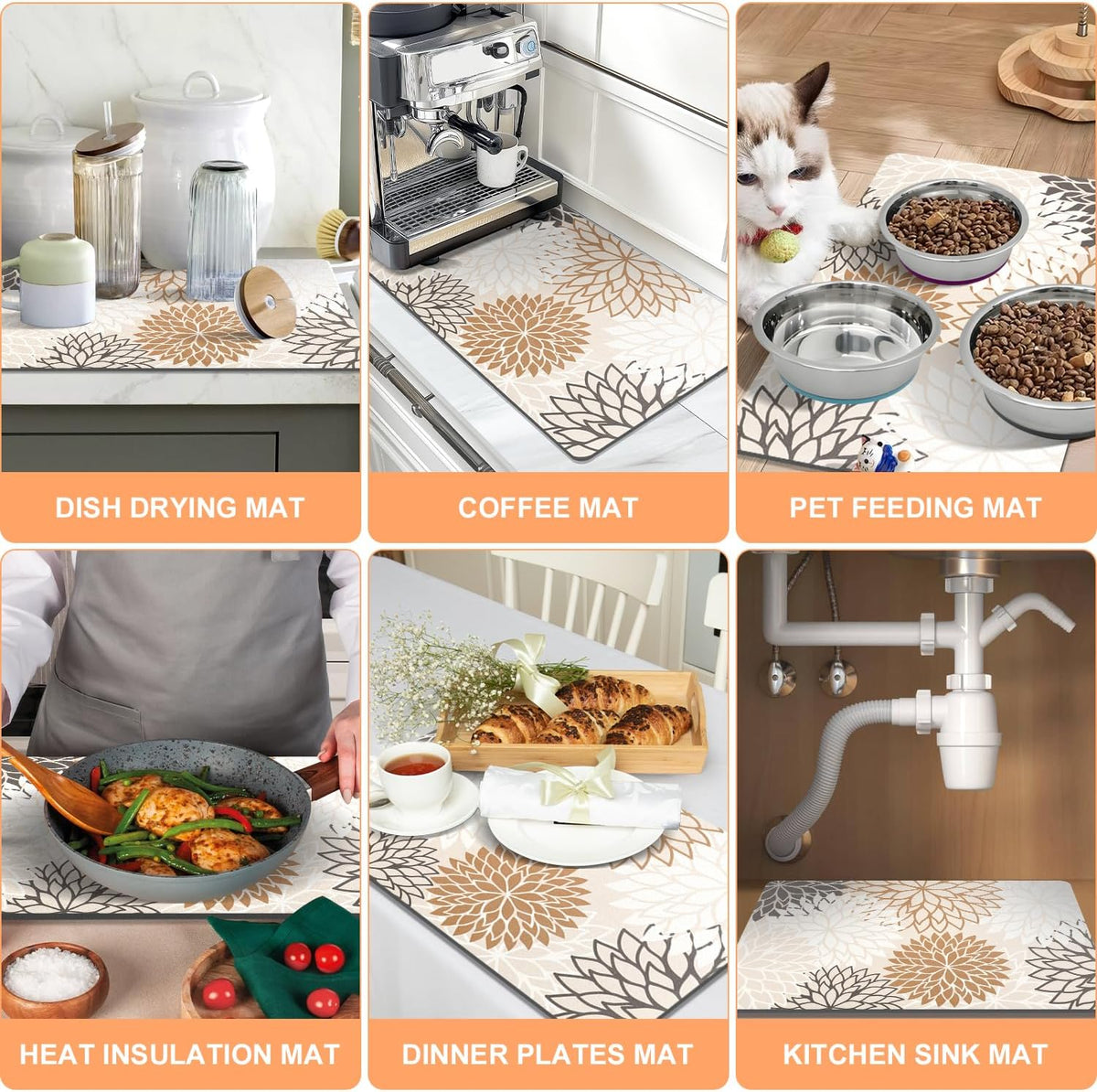 Findosom 2PCS 12" x 20" Dish Drying Mat & 24" x 5.5" Sink Splash Guard, Super Absorbent & Cuttable Dish Mat Drying Kitchen Mat with Brown Floral, Hide Stain Drying Mat for Kitchen Counter