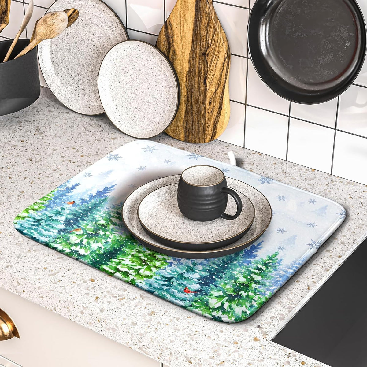 Winter Dish Drying Mat Forest Kitchen Mat for Counter for Home Season Decor 18 X 16 In
