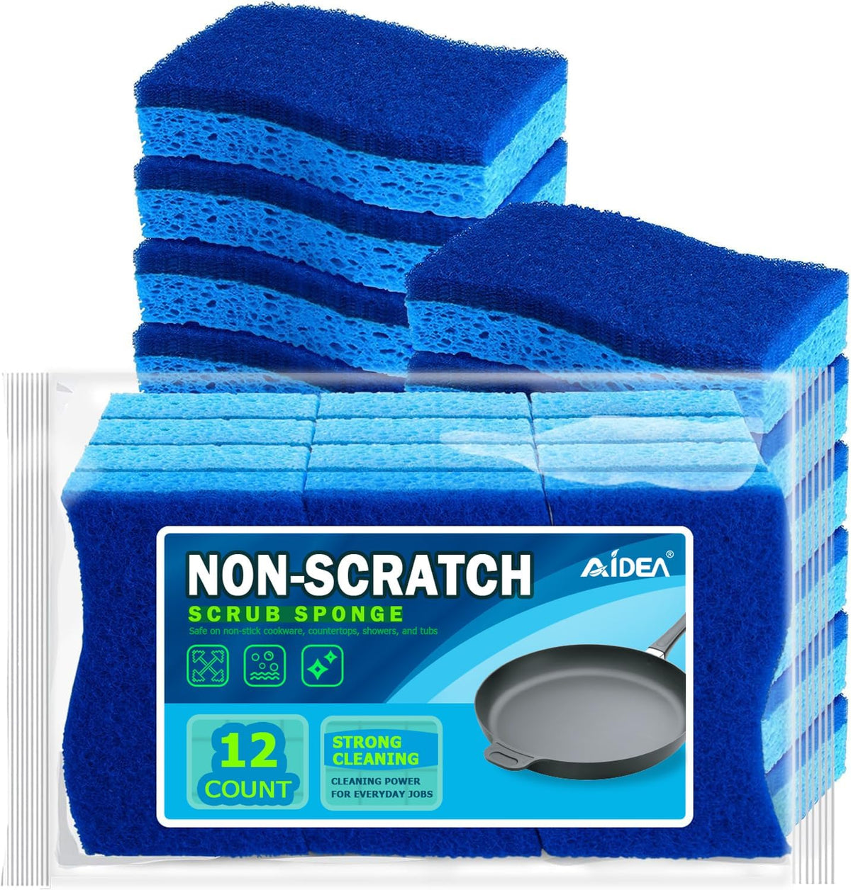 AIDEA Sponges Kitchen, Non Scratch Scrub Sponge, 12Count, Sponges for Non Stick Cookware, Cleaning Sponge for Dishes, Cleans Fast Without Scratching, Cleaning Power for Kitchen, Bathroom, Household