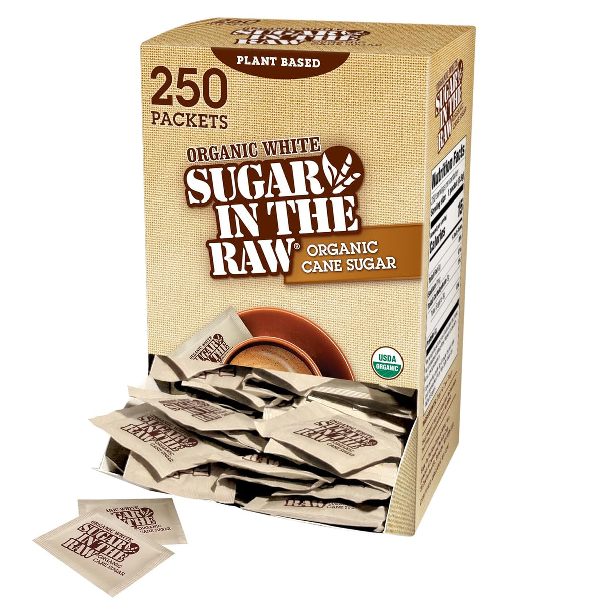 Sugar In The Raw Organic Granulated White Premium Cane Sugar, No Added Flavors or erythritol, Pure Natural Sweetener, Hot & Cold Drinks, Coffee, Tea Vegan, Gluten-Free, Non-GMO, Bulk Sugar, 250 ct packets (1-Pack)