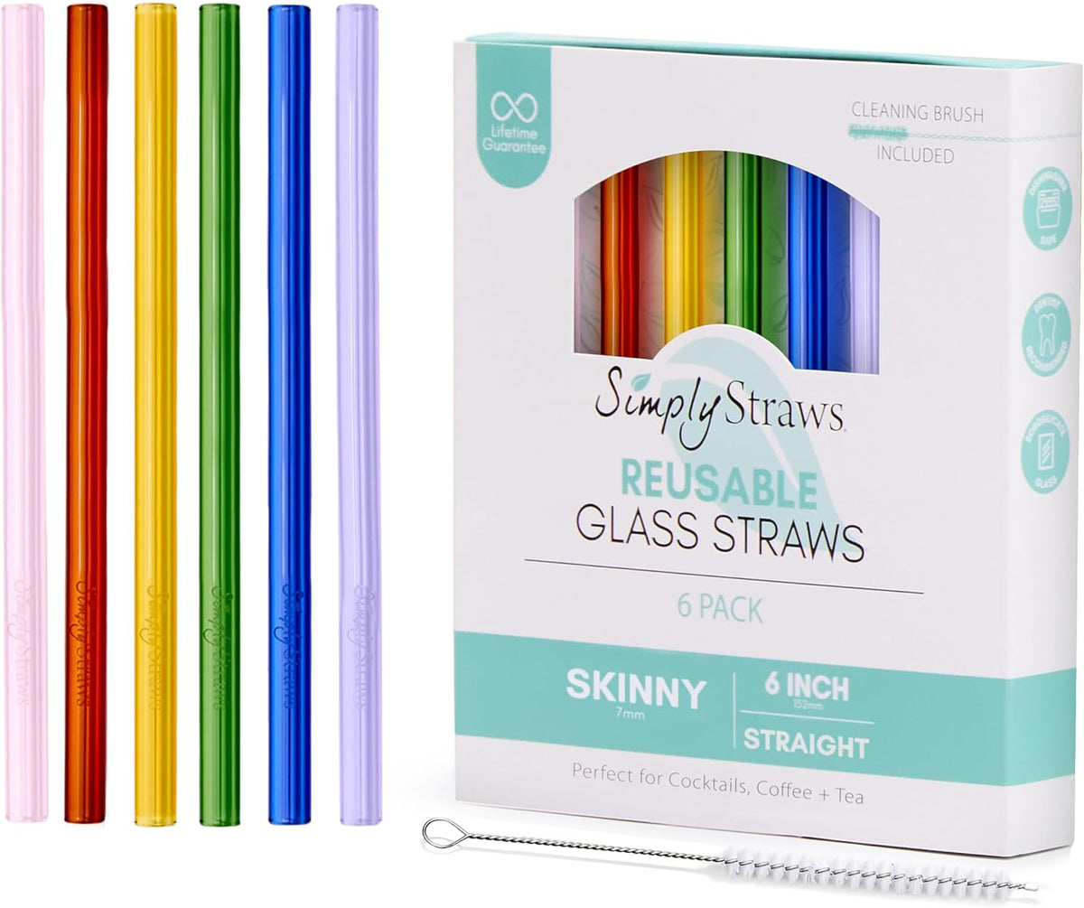 Simply Straws 6 Inch Skinny Glass Straws (6-Pack) - Reusable Cocktail Straws for Mixed Drinks, Low Balls, Coffee & Tea, with Cleaning Brush – Dishwasher Safe, Hot & Cold Use, BPA-Free (Iridium)