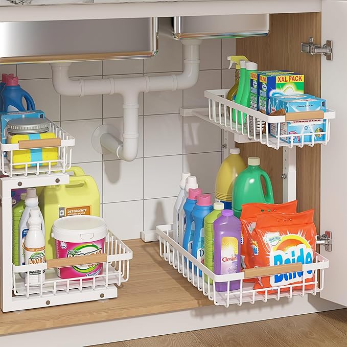 ADRIMER Under Sink Organizer 2 Packs, Pull Out Kitchen Sink Organizer, 2 Tier Slide Out Kitchen Organizers and Storage Bathroom Under Cabinet Storage Shelf, White
