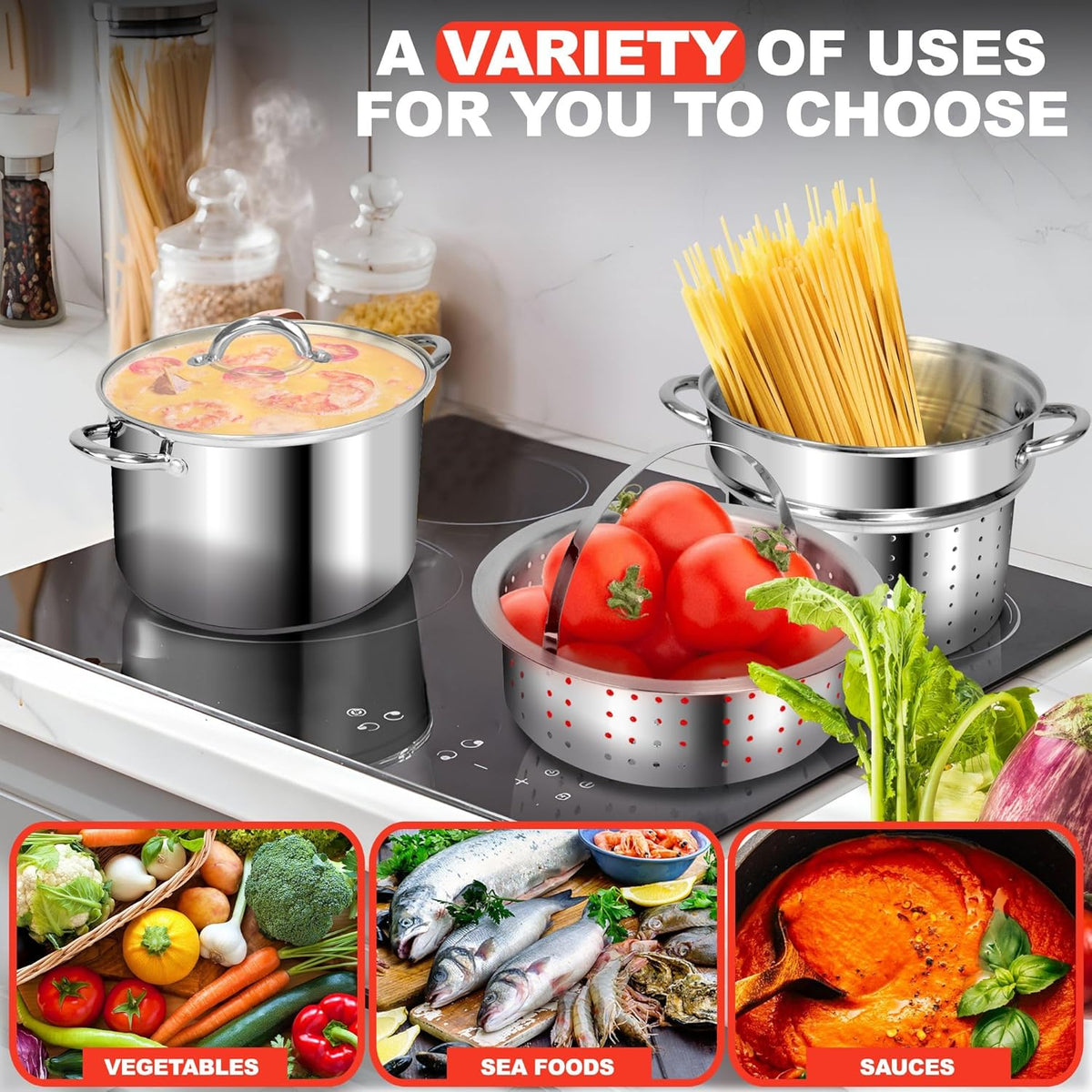 Stainless Steel 8-Quart Nonstick 4-Piece Multi-Cooker with Steamer and Pasta Pot Cookware Set