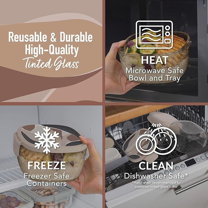 Bentgo Glass Prints All-in-One Salad Container - 61oz Tinted Glass Salad Bowl with Lid, Bento-Style Tray, Sauce Container, & Reusable Fork - Dishwasher & Microwave Safe (Inky Abstract - Neutrals)