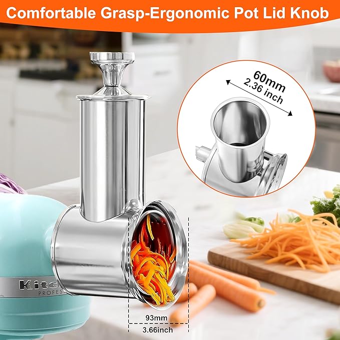 Stainless Steel Slicer Shredder for KitchenAid Mixer Attachment Vegetable & Cheese Grater Attachment with 4 Blades (Fine, Medium, Coarse, Slicer), with Knob, Dishwasher Safe, Durability