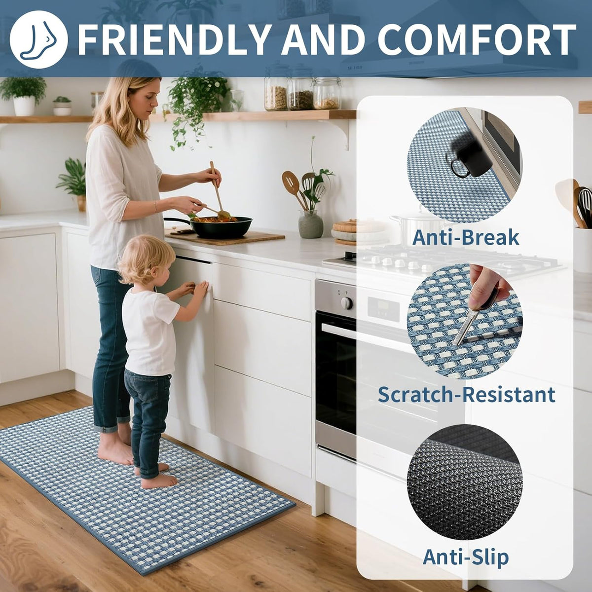 Kitchen Runner Rugs Non Slip Washable, Super Absorbent Soft Chenille Braided Kitchen Mats for Floor Rubber Backing Sink Mat Standing Hallway Floor Mat, Easy Clean, Blue 17"x59"