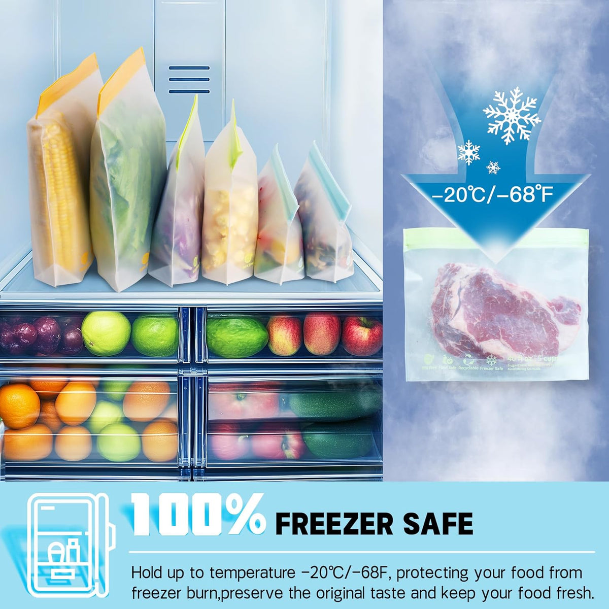 28 Pack Reusable Food Storage Bags,Leakproof Freezer Bags BPA Free Stand Up Sandwich Bags for Lunch Salad Fruit Travel,Dishwasher Safe(8 Gallon,10 Sandwich,10 Snack)