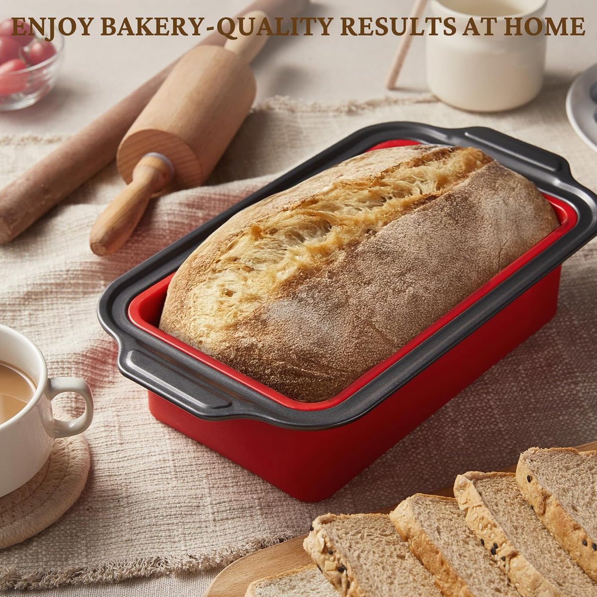 BRONYPRO 9x5 Inch Non-Stick Bread Loaf Pan,Non-Toxic Silicone Baking Mold For Homemade Bread,Heavy-Duty Steel Frame,Dishwasher Safe-Red