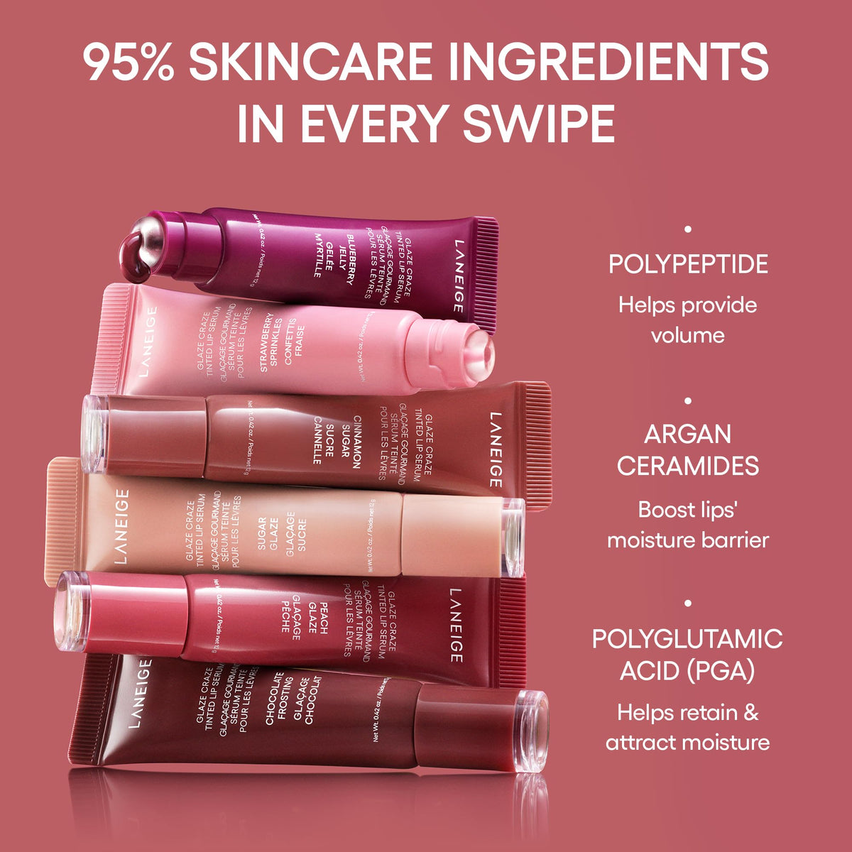 LANEIGE Glaze Craze Tinted Lip Serum, Strawberry Sprinkles: Hydrating Serum for Glossy,Nourished Lips with Plumping Polypeptides,0.42 oz