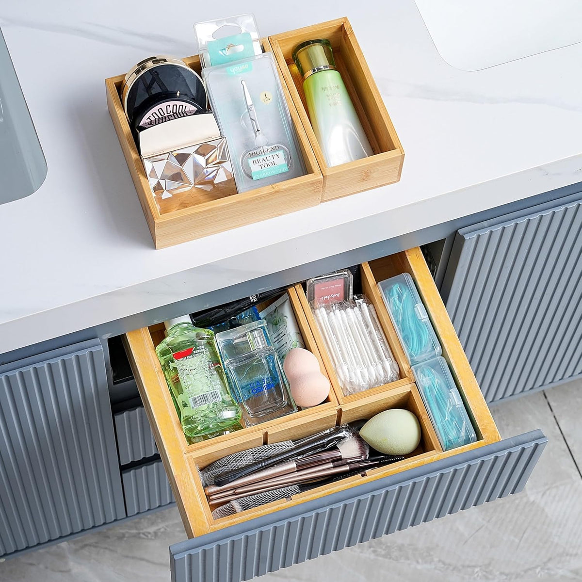 Fabsome Drawer Organizer, Set of 9 Bamboo Wood Kitchen Makeup Desk Junk Tea Drawer Storage Boxes Bins for Cutlery Silverware Utensils Flatware, Small Wooden Container Tray for Bathroom, Office