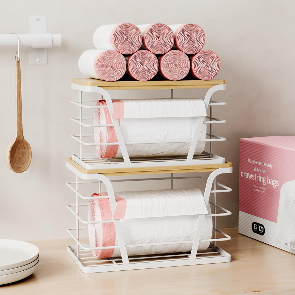 2 Pack Stackable Laundry Room Organization and Storage, Laundry Room Decor and Accessories, Trash Bag Holder with Bamboo Top and Garbage Bag Dispenser, White