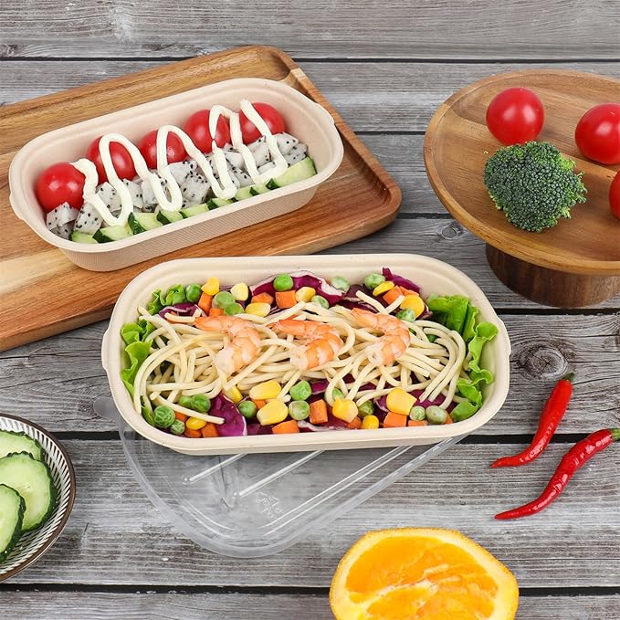 17 oz Disposable salad bowls with lids, Sugarcane Fiber Paper Bowls take away Bagasse food containers meal prep deli container 50 Pack
