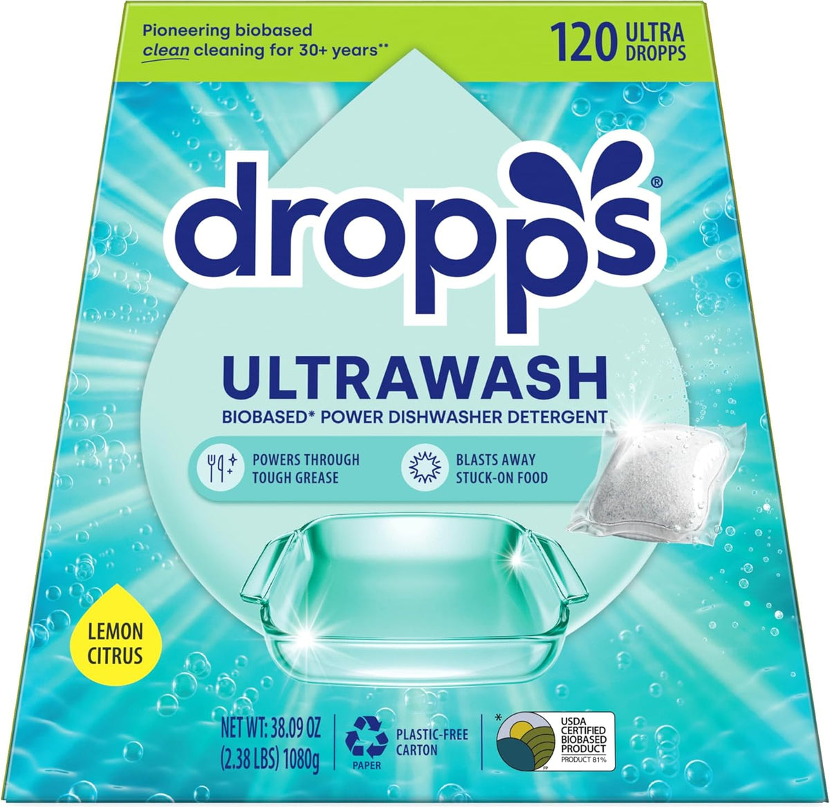 Dropps UltraWash Dishwasher Pods, Lemon Citrus (120 Count) - Biobased Power Deep Clean Dishwasher Detergent Tablets for Sparkling Shiny Dishes - No Rinse Aid or Pre-Wash Needed - Dishwashing Pods